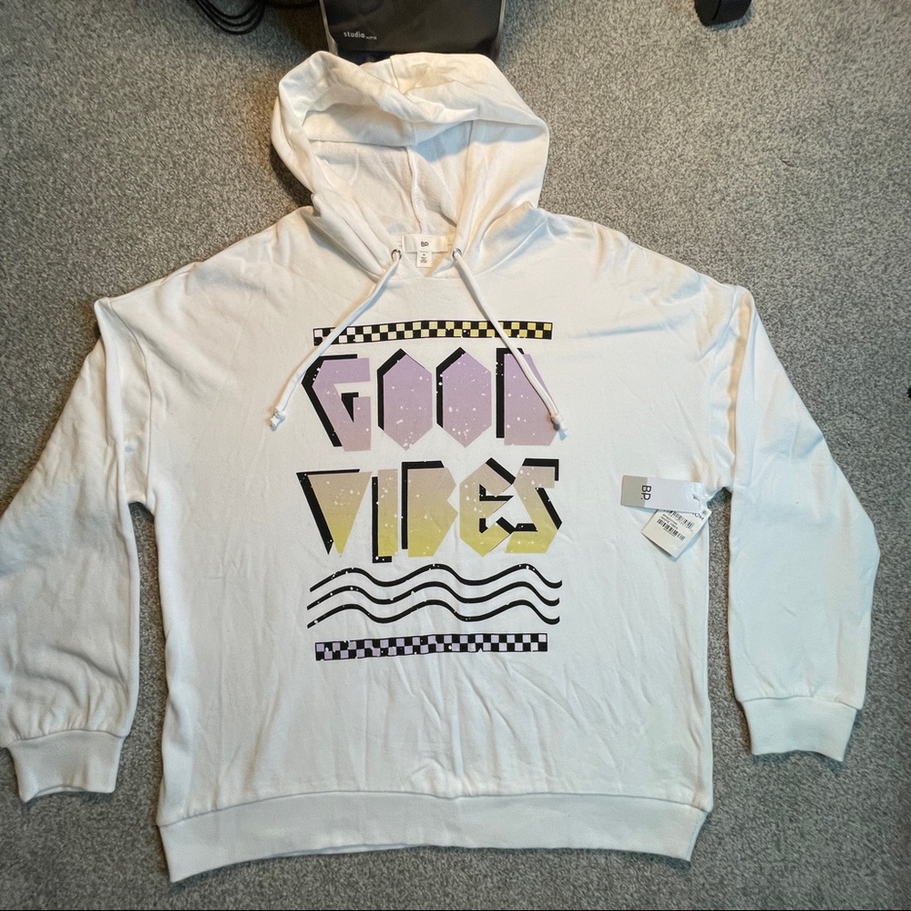 BP Graphic Hoodie Men's White "Good Vibes" Print Tapered Long Sleeve